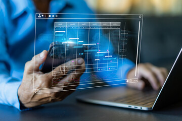 Human with calendar schedule time plan appointment, data management system, checking organizes day,...