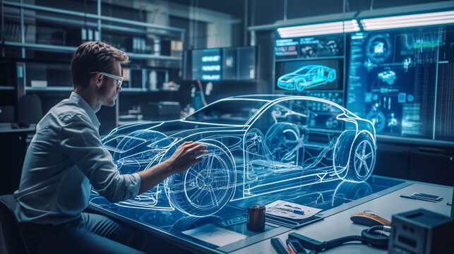 In the modern hightech world, engineers use augmented reality to creatively design futuristic cars, showcasing innovation and cuttingedge technology