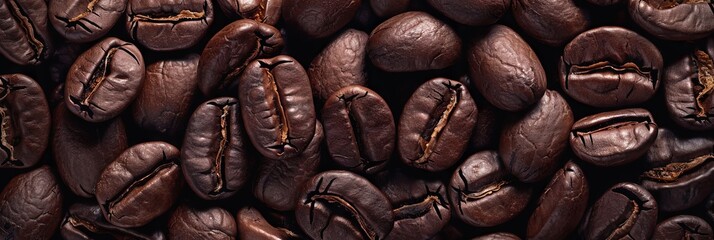 Close up of coffee bean background, top view. Photorealistic high resolution macro photography for advertising or food design. 
