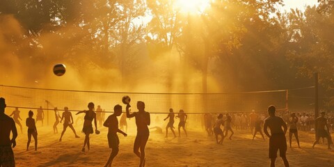 People playing volleyball in the park at sunset, capturing the energy and enjoyment of an outdoor summer activity during the golden hour