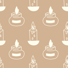 Burning Candles Doodle Seamless Pattern. Cute hand drawn endless background with cozy hygge design elements on neutral beige backdrop. Repeat vector illustration