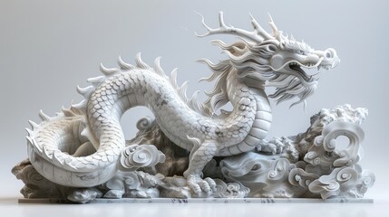 Ornate white marble sculpture of a majestic dragon with intricate details