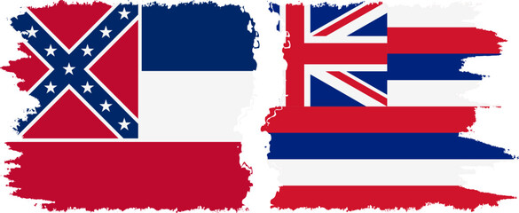 Hawaii and Mississippi states grunge brush flags connection, vector