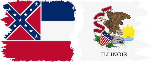 Illinois and Mississippi states grunge brush flags connection, vector