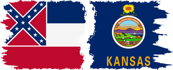 Kansas and Mississippi states grunge brush flags connection, vector