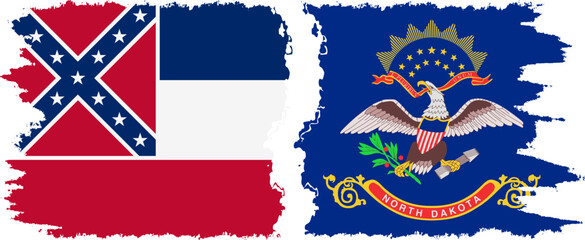 North Dakota and Mississippi states grunge brush flags connection, vector