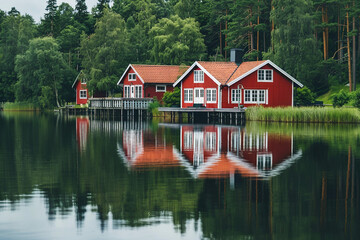 Fototapeta premium Image wooden pier in the lake view peaceful sunset created with generative AI image
