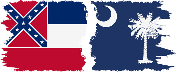 South Carolina and Mississippi states grunge brush flags connection, vector