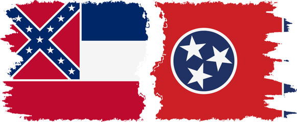 Tennessee and Mississippi states grunge brush flags connection, vector