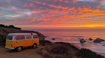 Yellow Camper Van Parked on Cliff Overlooking Ocean at Sunset