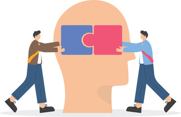 Human heads puzzle. Support mental health medical treatment. Psychotherapy concept. People with mental disorders completing jigsaw puzzles and trying to solve psychological problems, stress. vector

