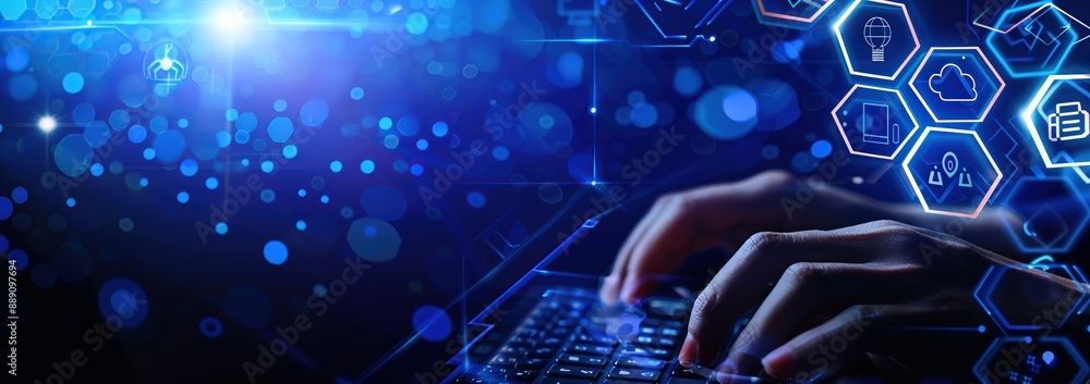 Poster hands typing on keyboard with technology icons