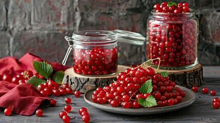 Two glass jars of red currant jam sit on a red napkin on a wooden table, surrounded by red currants and a silver spoon.