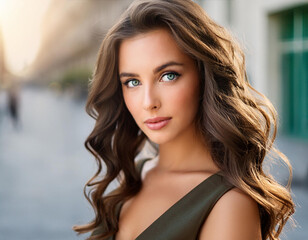 Naklejka premium a photorealistic portrait of a young woman with long, curly, brown hair