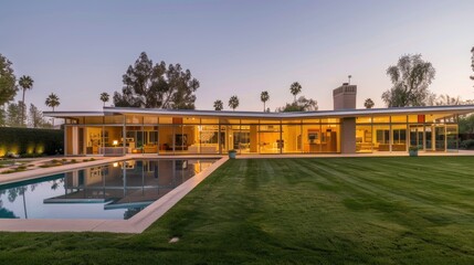 A beautifully restored mid-century modern home with expansive glass windows, a large swimming pool, and a manicured lawn