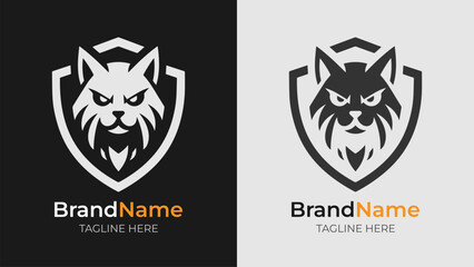 Fierce Cat Logos in Monochrome Shield Design. Bold and fierce cat head logos in a monochrome shield design.