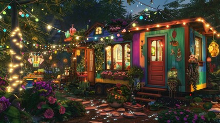 Fototapeta premium A bohemian-style tiny house with colorful exterior, surrounded by a lush garden filled with eclectic decorations and fairy lights