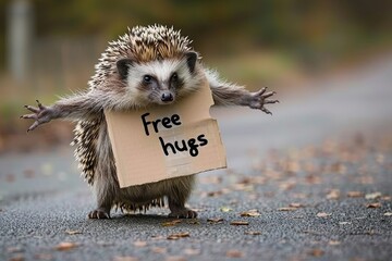 Cute hedgehog holding a Free Hugs sign made of cardboard, showcasing an endearing and humorous moment in wildlife with a friendly gesture