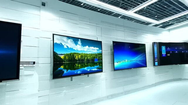 Row of Plasma LED TV Screens in Electronics Retail Store. Television Display Technology in Computer Department