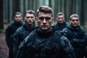 Fototapeta premium Special forces soldiers go to military operation in forest generative AI