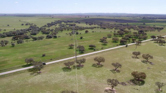 Aerial view of countryside road with camper driving through fields and trees, Odivelas, Beja, Portugal.