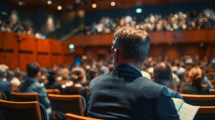 Abstract Speaker Performing on Stage Under Spotlight with Large Audience. Business Professionals or Students Watching Presentation in Auditorium, Attending Training or Seminar. Packed Conference Hall 