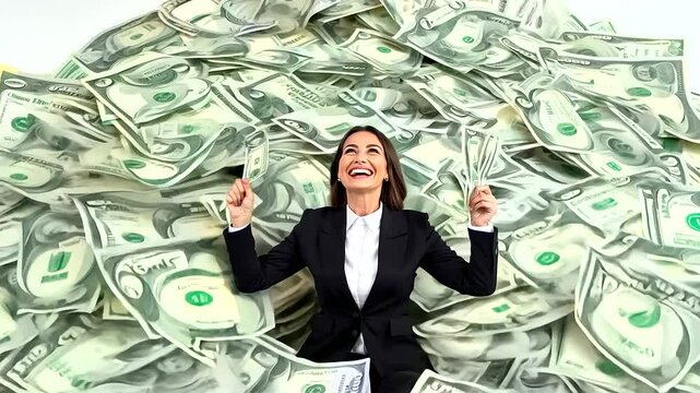 Top View of Joyful Young Businesswoman Surrounded by a Pile of Money. Dollar Bills, Wealthy Woman, Financial Success, Millionaire Lifestyle, Fortune