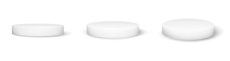 3d round product podium. Circle platform angle view isolated vector template. Circular base set for showcase studio. Cheese cake premium display  stand mockup. Exhibition advertising with white plate
