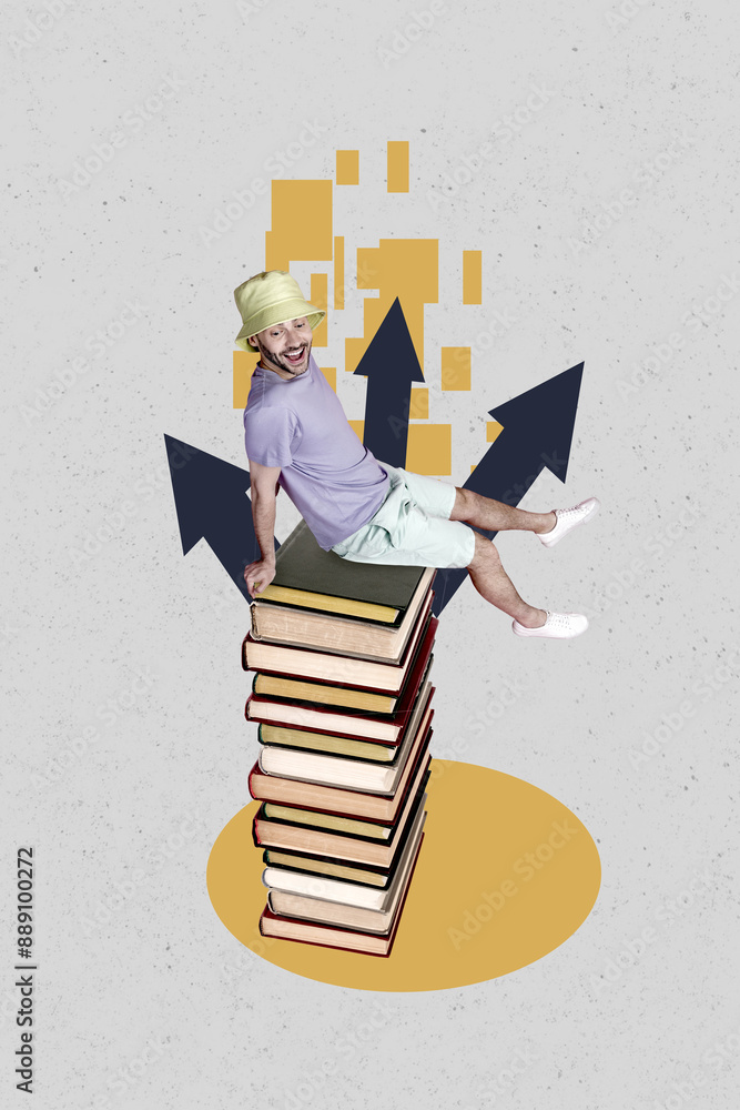 Poster Collage 3d image of pinup pop retro sketch of funny man sit pile books arrows direction study unusual fantasy billboard comics