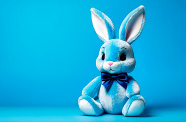 plush hare, soft toy on a blue background with place for your text