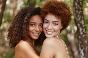 Fototapeta premium Close-up of two women highlighting the beauty of diverse skin tones Generative AI image. Beautiful simple AI generated image in 4K, unique.