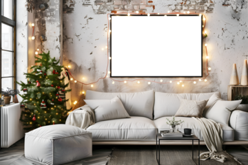 A mockup frame surrounded by a white Christmas tree with a white pillow and a white blanket on the bed.