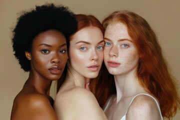 Obraz premium Close-up of two women highlighting the beauty of diverse skin tones Generative AI image. Beautiful simple AI generated image in 4K, unique.