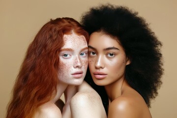Obraz premium Collage with close-up female eyes of different ethnicity. Multicultural diversity and friendship. fashion make-up, digital ai. Beautiful simple AI generated image in 4K, unique.