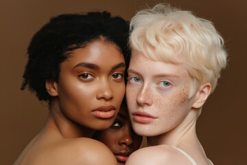 Obraz premium Collage of Female Faces from Various Ethnicities, Concept of Multi-Ethnic Beauty Standards, Diversity, and Unity in Contemporary Art. Beautiful simple AI generated image in 4K, unique.