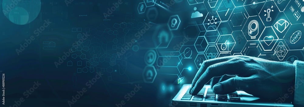 Poster digital interface interaction with a hand on a keyboard