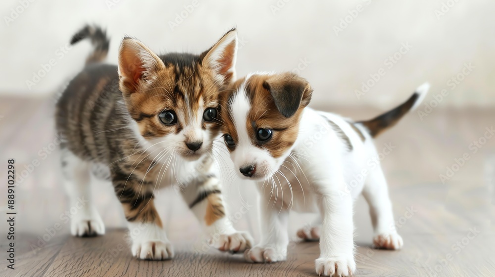 Wall mural A cute kitten and puppy standing together on a wooden floor.