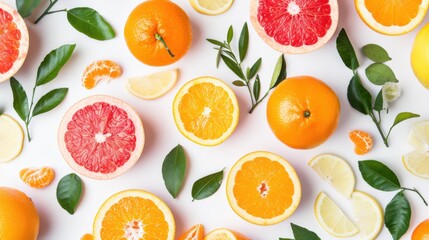 Obraz premium Citrus Burst - Vibrant Flat Lay of Oranges, Lemons, and Grapefruits on White Background