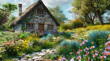 A charming cottage with a stone exterior, thatched roof, and a garden filled with colorful wildflowers and a winding path