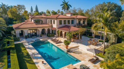 This property includes a gourmet kitchen, a formal dining room, and multiple living areas. The outdoor space features a swimming pool, a tennis court, and beautifully landscaped gardens