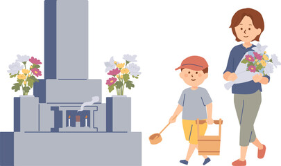 お墓参りに来た親子のイラスト