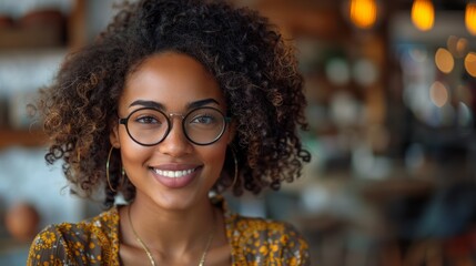 Portrait of an attractive mixed-race woman wearing glasses in a cozy atmosphere.
