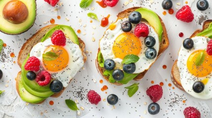 Nutritious Breakfast Delight Flat Lay with Avocado Toast, Eggs, and Berries on White Table