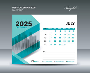 July 2025 template- Desk Calendar 2025 year template, wall calendar 2025 year, Week starts Sunday, Planner design, Stationery design, flyer design, printing media, green background vector