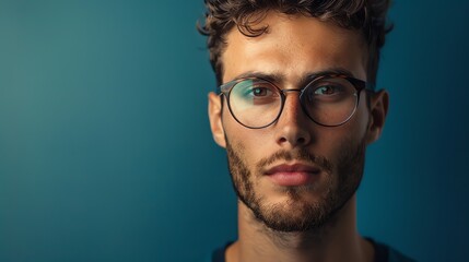 Obraz premium A close-up portrait of a young man wearing glasses and looking directly at the camera.
