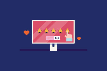 5 Star Rating, Customer sharing five star rating feedback. Customer experience. Best quality, Top rated. Vector illustration banner.