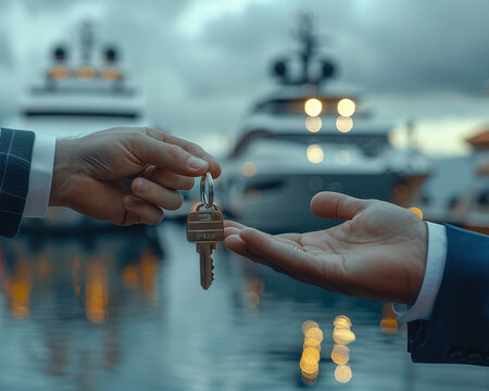 Boat dealer giving the keys to a buyer