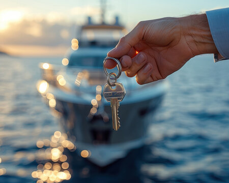 Boat dealer giving the keys to a buyer