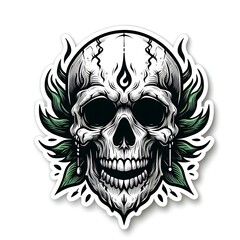 Skull decorated with foliage. Halloween sticker isolated on white background. Horror and monster stickers concept