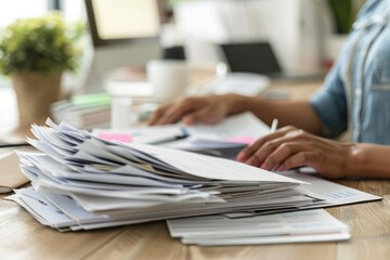 HR specialist reviewing a stack of resumes at their desk, highlighting the meticulous process of candidate selection. The desk is organized with files, a computer, and office supplies, creating a